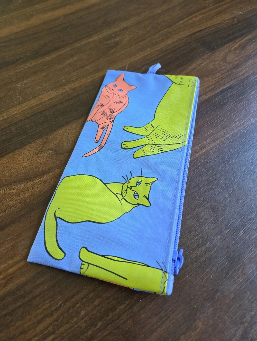 BAGGU Blue Green Cat Print Flat Pouch Pencil Case Makeup Bag Travel